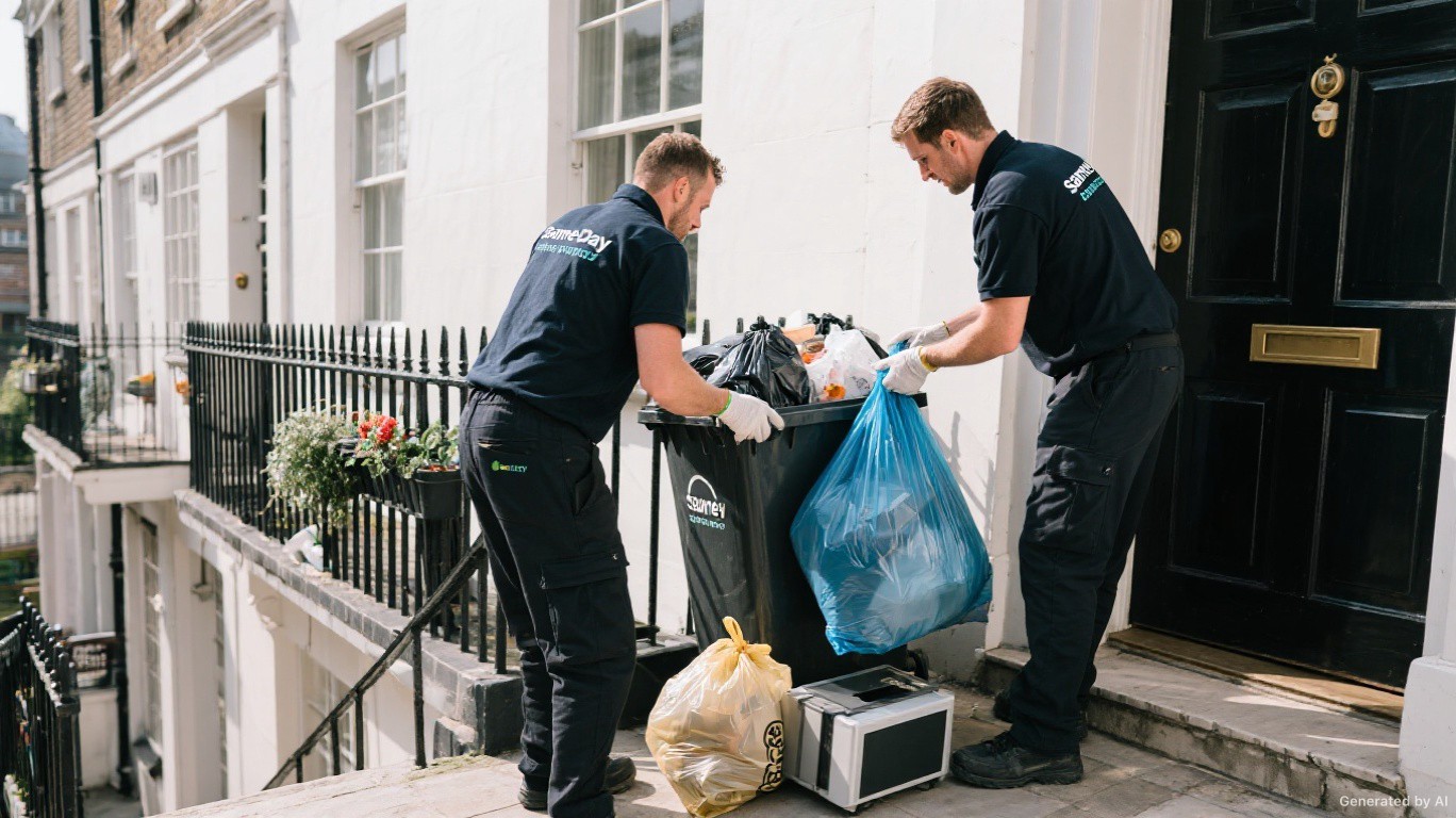 Same day rubbish removal team loading urgent bagged household waste within a 2-hour collection window from a small London balcony and doorstep