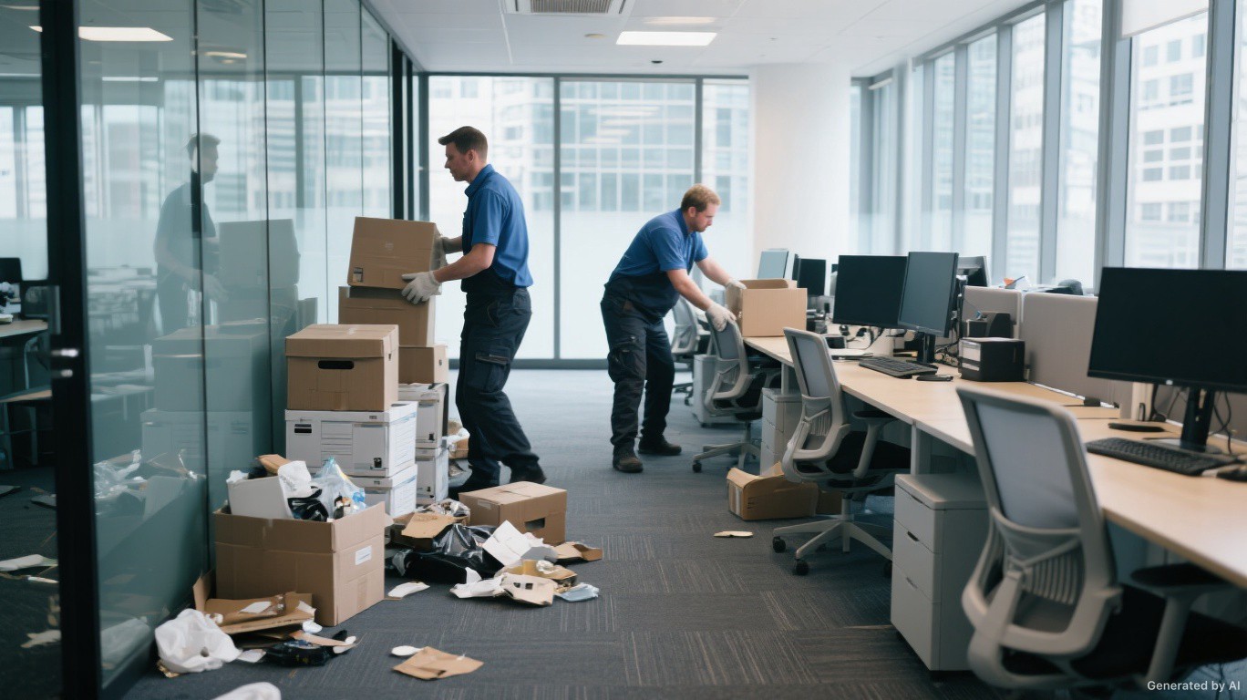 Office clearance team stripping a full Central SW5 (Kensington) corporate office floor of desks, chairs, and general business waste — Office Clearance London