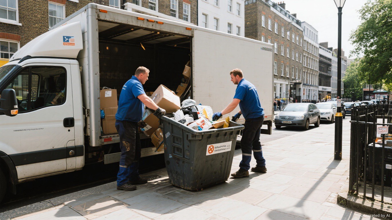 Man and van waste clearance team loading a tipper van instead of a skip on a London street