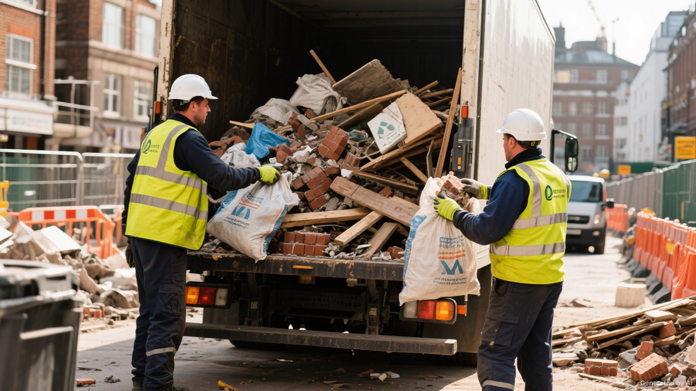 Construction waste clearance crew loading rubble, timber, and builders bags from an active W14 (Kensington) building site — Construction Waste Removal