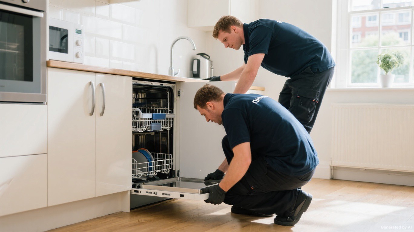 Dishwasher removal team disconnecting and removing an integrated dishwasher from a London kitchen