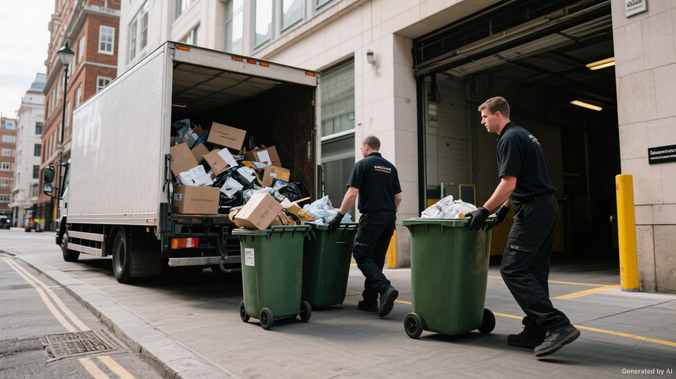 Commercial clearance crew collecting general business waste and wheelie bins from a Central SW5 (Kensington) loading bay — Commercial Waste Collection