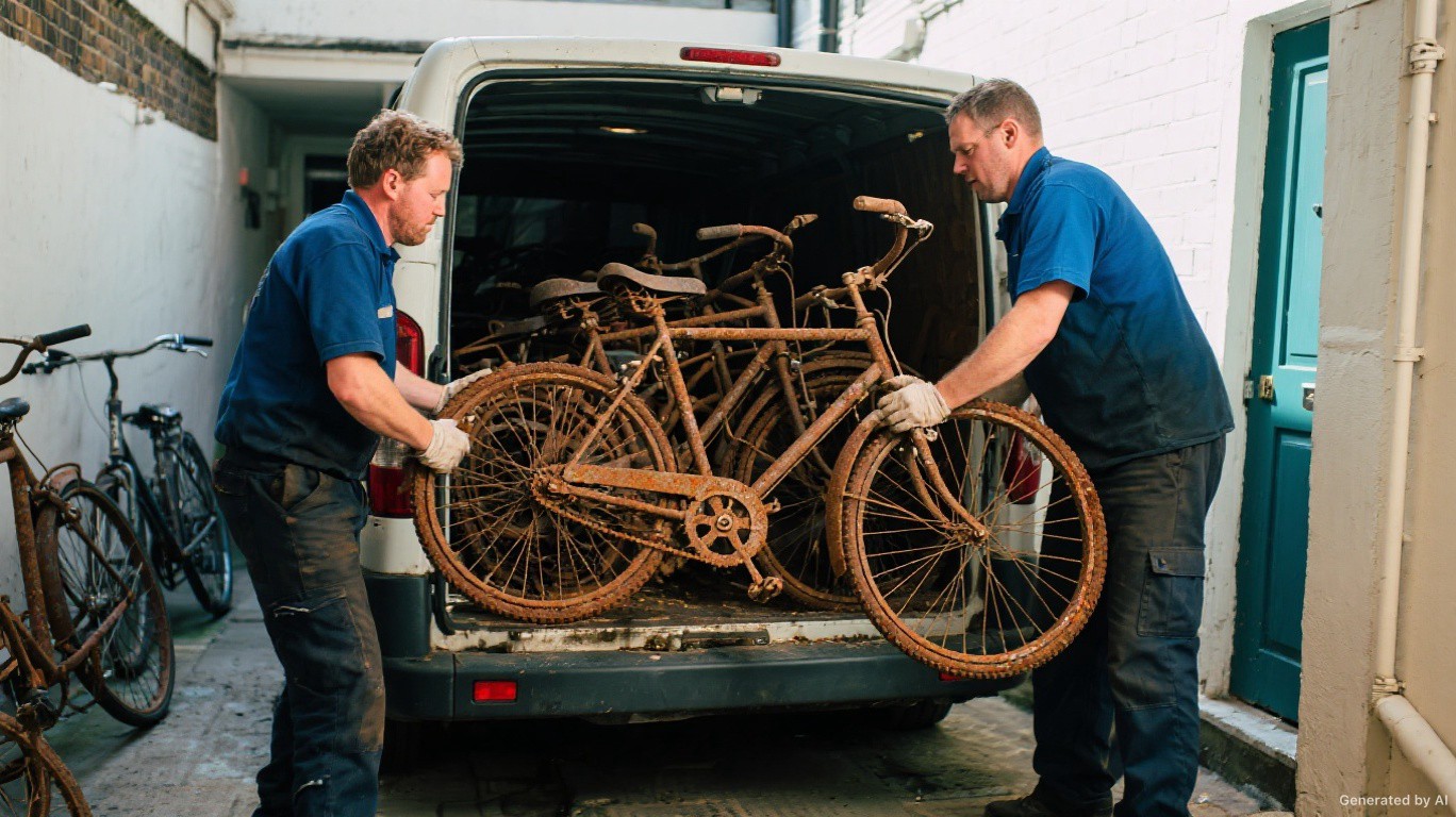 Abandoned bike disposal team loading rusted old bicycles onto a van from a London basement bike store
