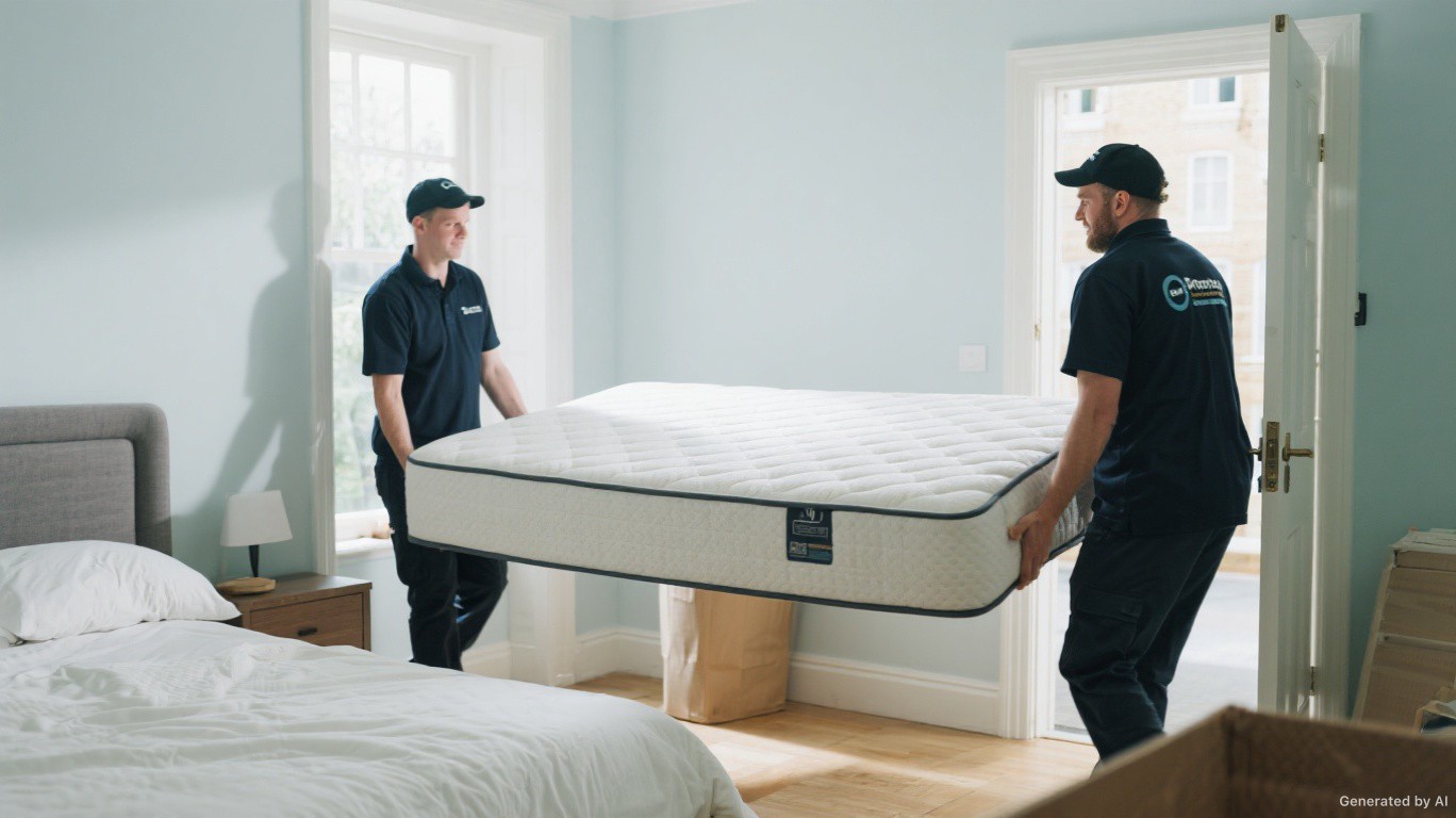 Mattress disposal team carrying a double mattress out of a London bedroom