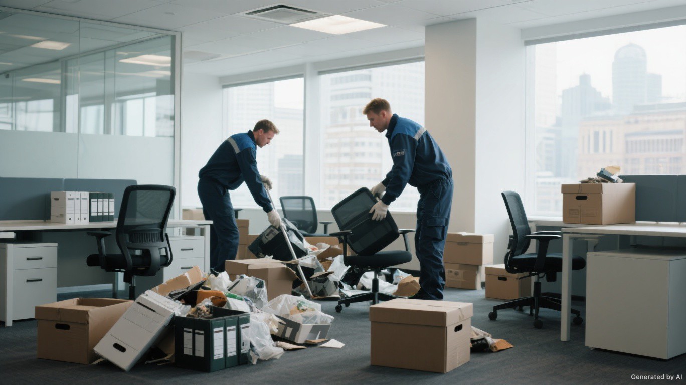 Office clearance team removing desks, chairs, and boxes from a modern London workspace