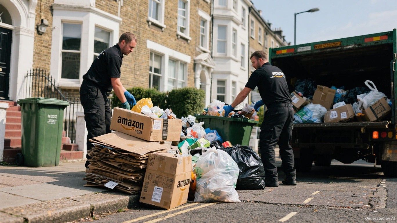Waste removal team collecting general household and small-trade bagged waste and stacked cardboard from kerbside outside a London Victorian property