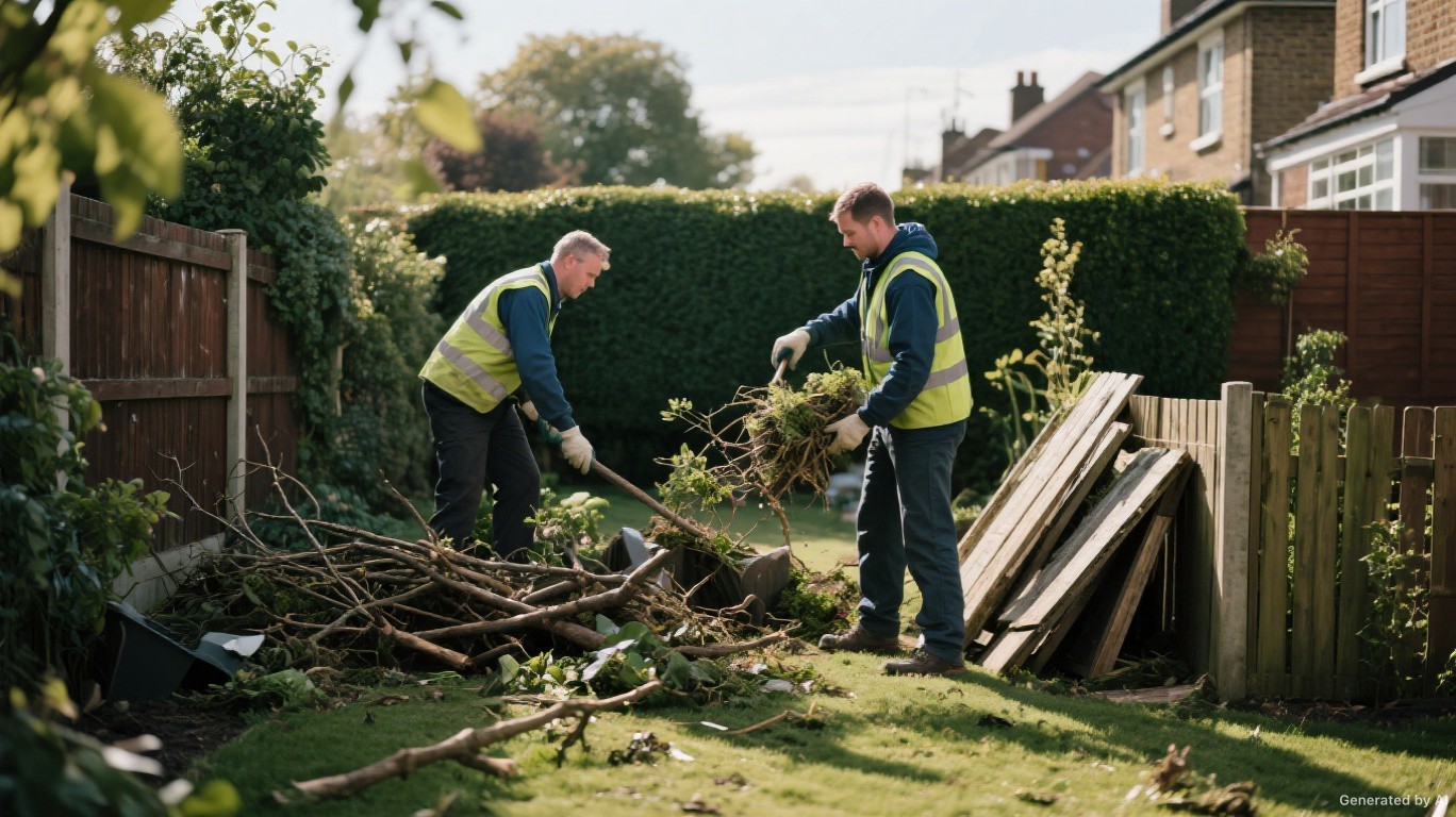 Garden waste removal team clearing branches, hedge cuttings, and fence panels from a London garden