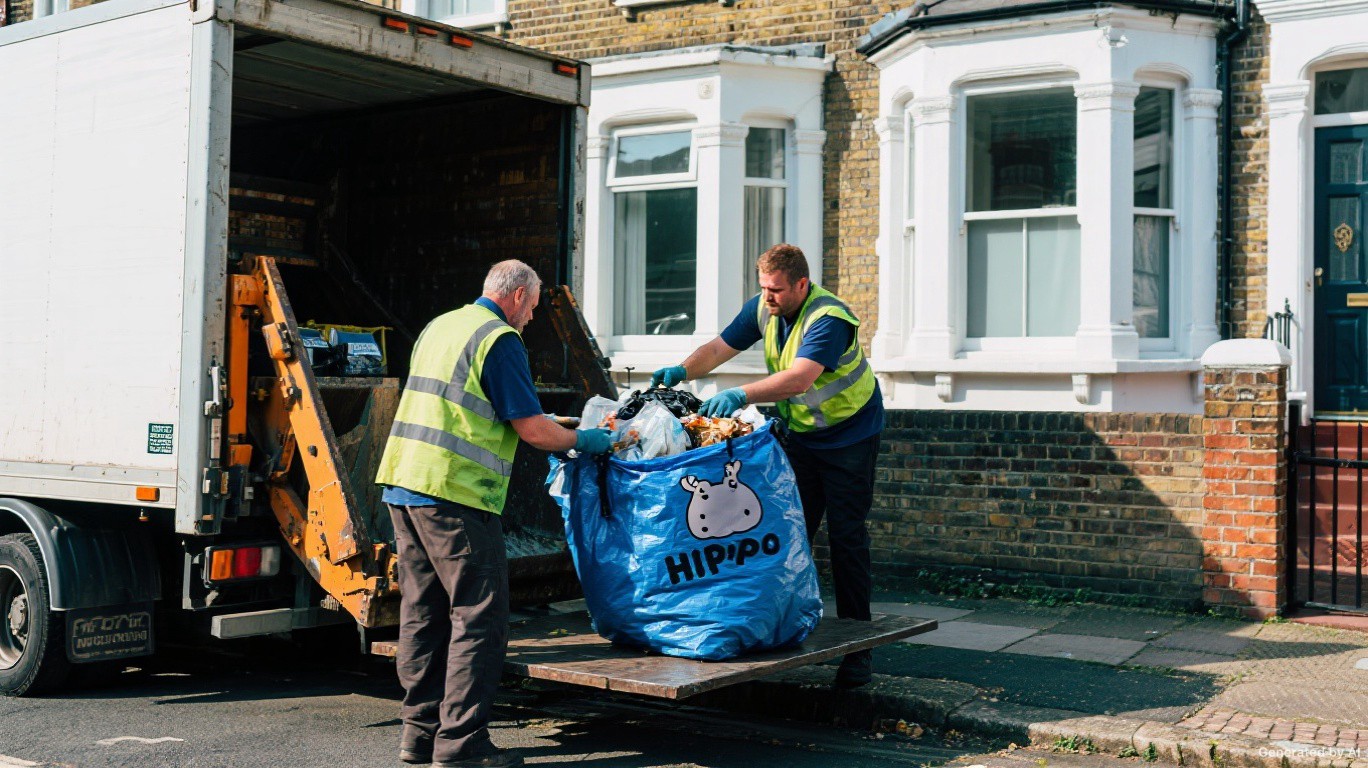 Hippo skip bag collection team loading a filled skip bag from a London terraced house garden