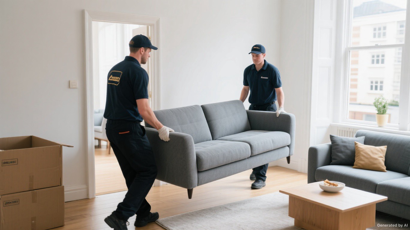 Sofa removal team carrying a bulky sofa out of a London living room
