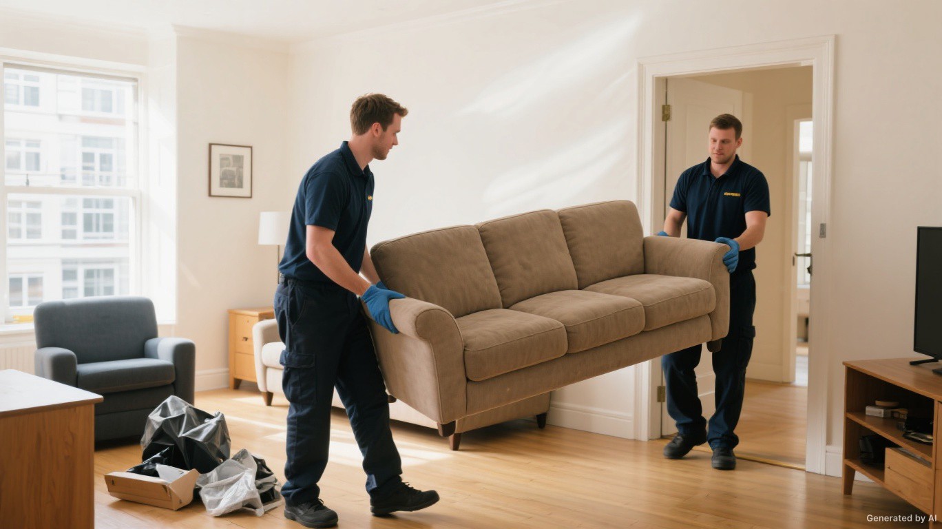 Furniture disposal team carrying a sofa and bulky household furniture from a London flat