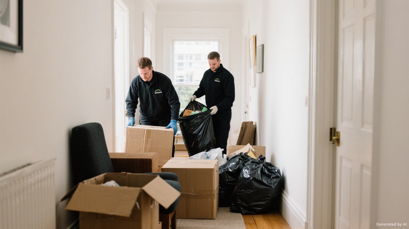 House clearance team removing mixed household furniture, boxes, and bags from a London home