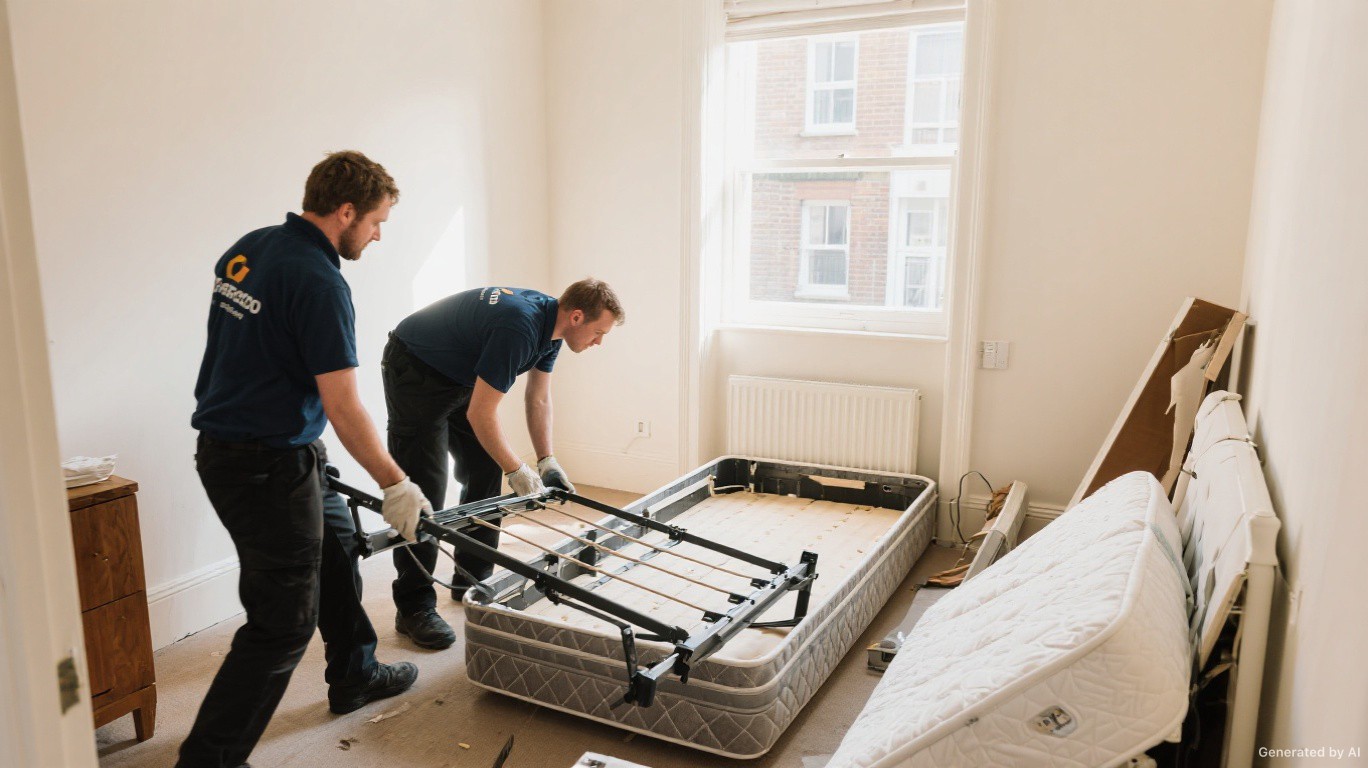 Bed removal team carrying a dismantled bed frame and divan base from a London bedroom