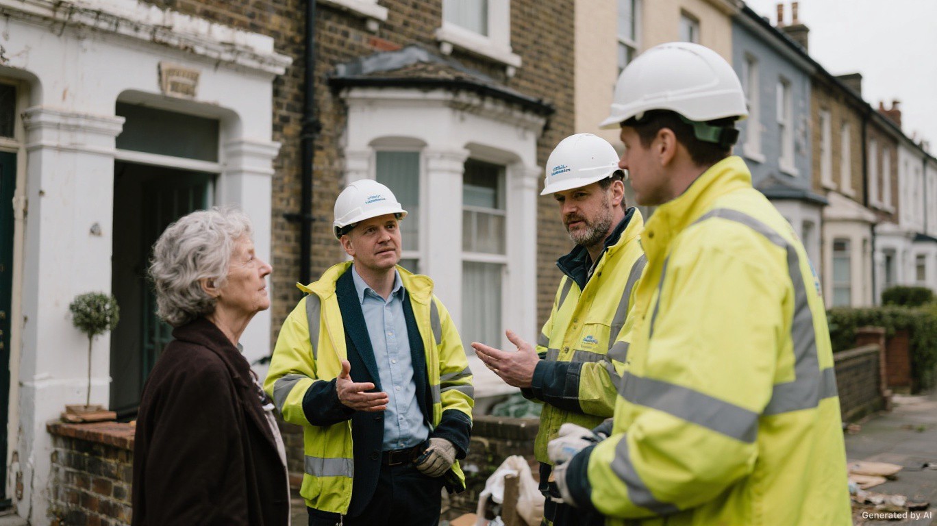 Asbestos survey and handover meeting outside a pre-1970 London terraced house