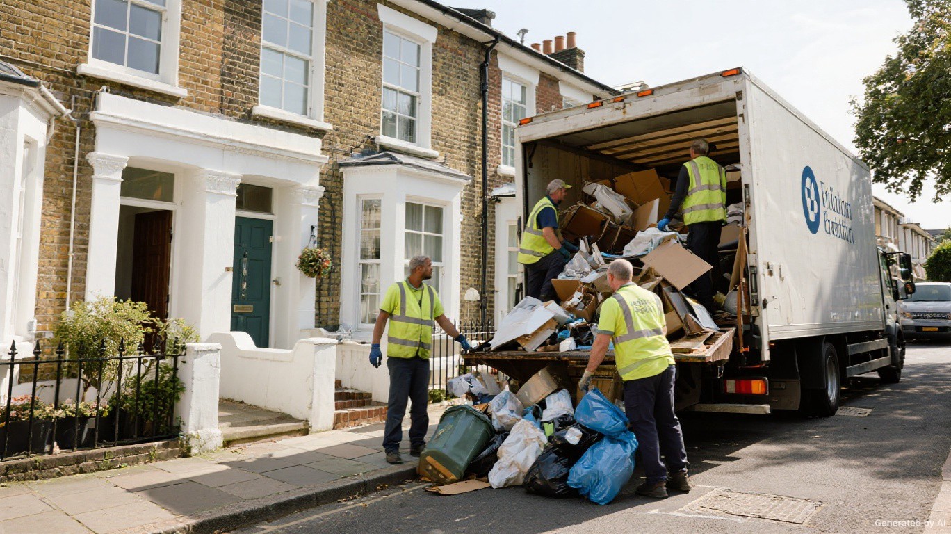 Waste clearance team loading a van neatly